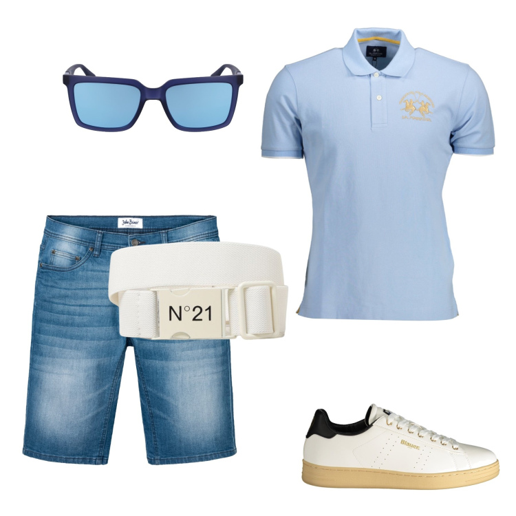 Outfit uomo - Aperitivo con gli amici. Stile Trendy per Tutti i giorni. Abbinamento con bermuda, sneakers, polo, occhiali da sole, cinture.