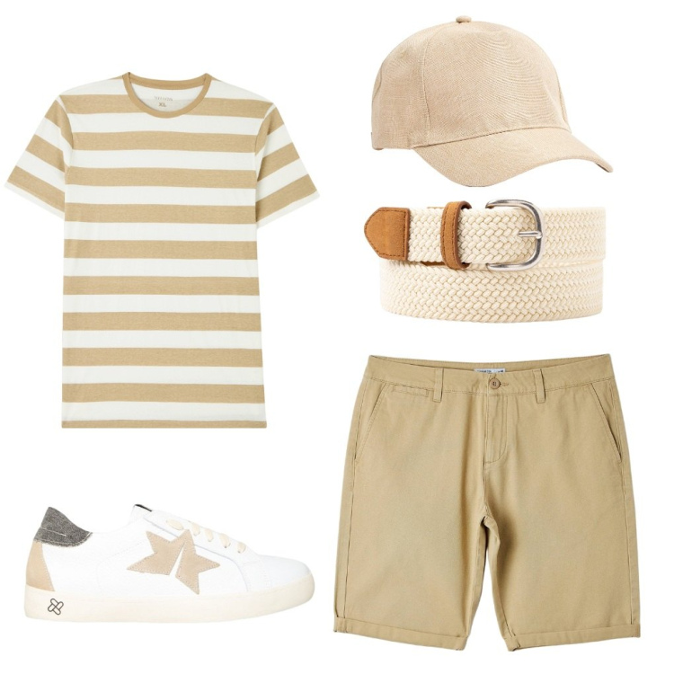 Outfit uomo - Benny: solo beige. Stile Urban per Tutti i giorni. Abbinamento con t-shirt, bermuda, cappelli, sneakers, cinture.