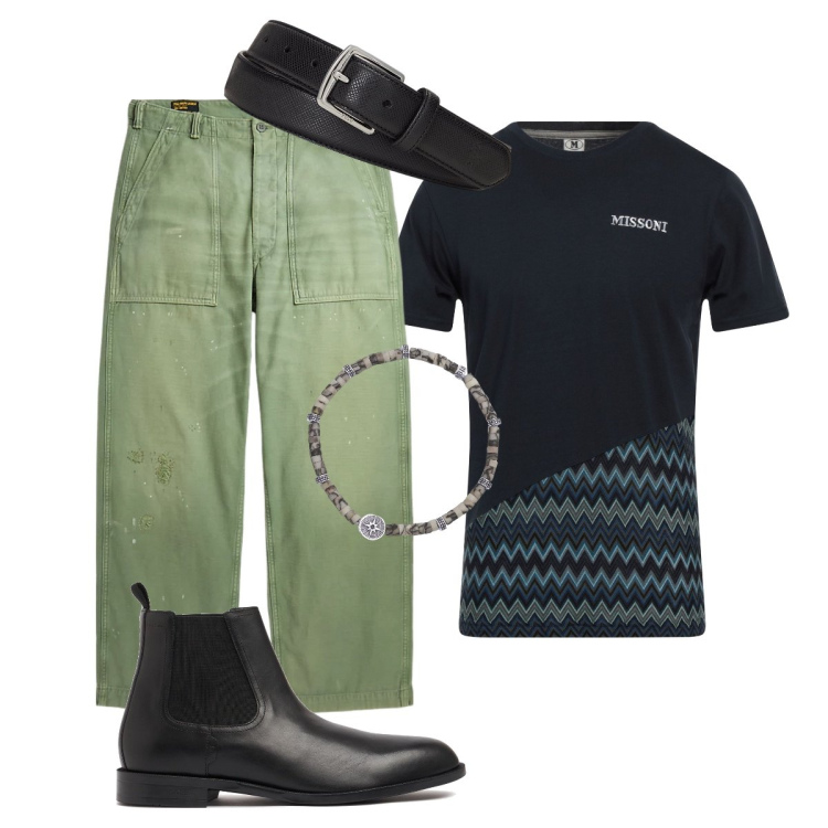 Outfit uomo - Total look #1915632. Stile Trendy per Tutti i giorni. Abbinamento con t-shirt, braccialetti, cinture, pantaloni, stivali e stivaletti.