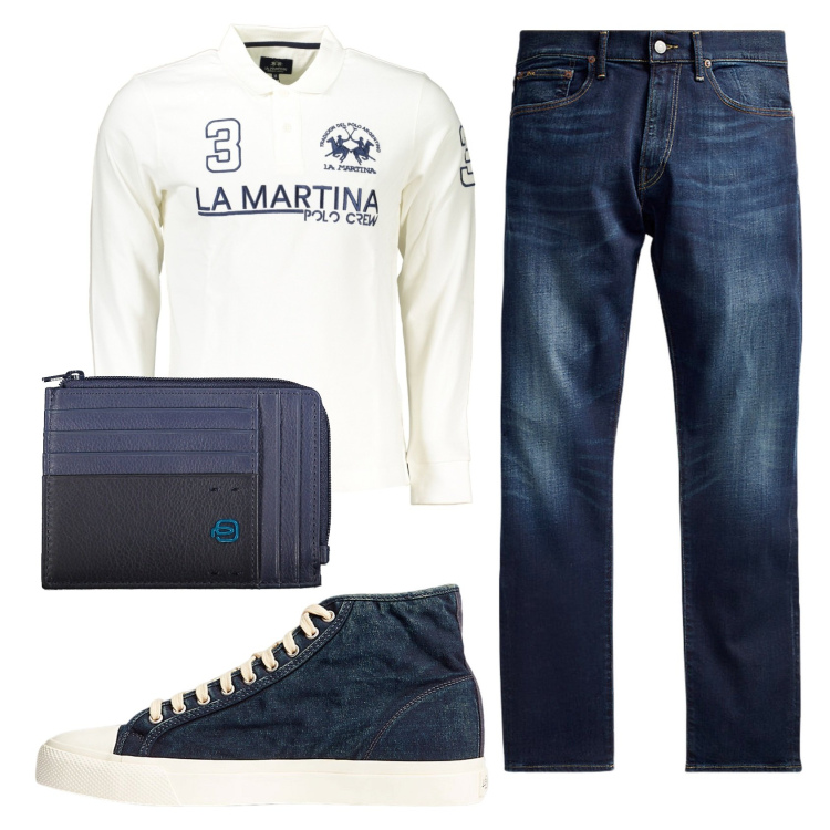 Outfit uomo - Total look #1915635. Stile Casual per Ufficio. Abbinamento con sneakers, jeans, portafogli, polo.