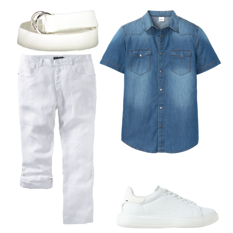 Outfit uomo - Camicia in jeans. Stile Casual per Mare. Abbinamento con camicie a manica corta, pantaloni, sneakers, cinture.