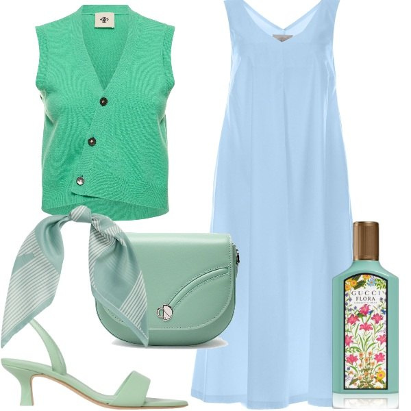 Outfit donna - In ufficio a luglio. Stile Chic per Ufficio. Abbinamento con profumi, foulard, vestiti lunghi, gilet, sandali in pelle, borse a tracolla.