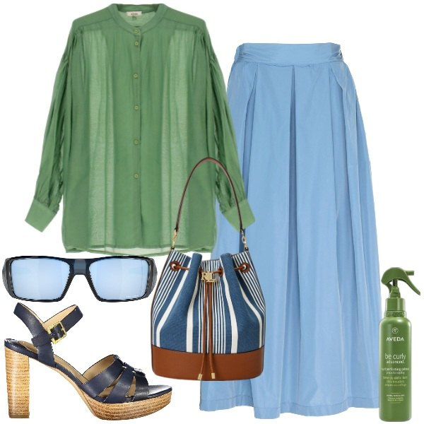 Outfit donna - Il secchiello a righe. Stile Chic per Ufficio. Abbinamento con primer, borse a secchiello, camicie, sandali col tacco, gonne, occhiali da sole.