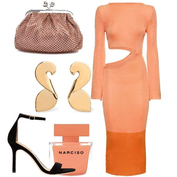 Outfit donna - Sexy. Stile Sexy per Serata fuori. Abbinamento con profumi, sandali col tacco, vestiti asimmetrici, pochette, orecchini.