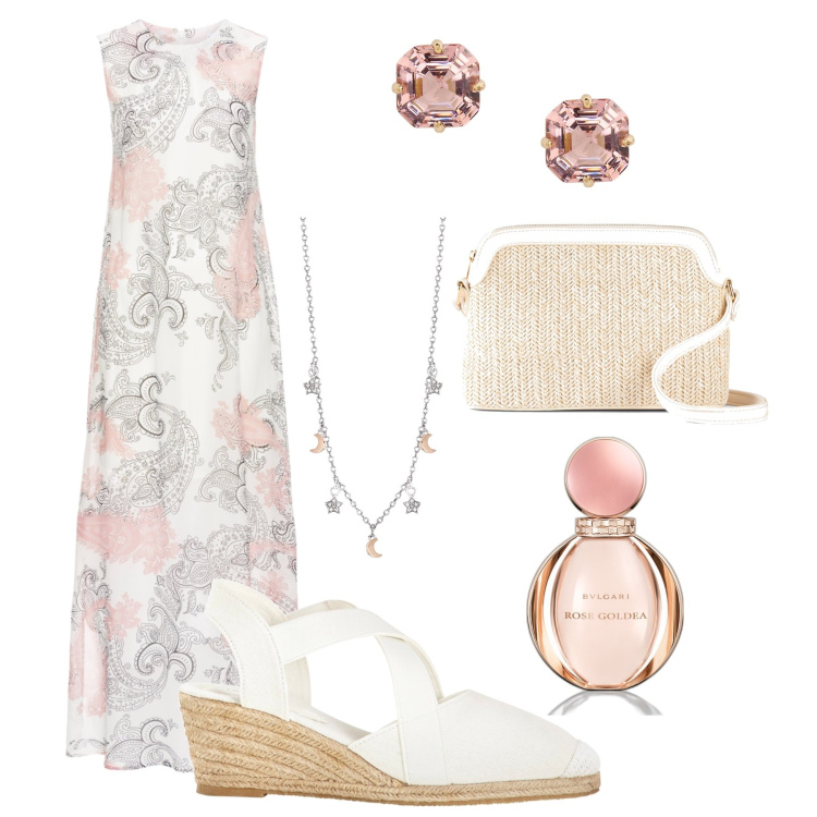 Outfit donna - Chiffon e paglia di sera. Stile Glamour per Serata fuori. Abbinamento con vestiti lunghi, borse a tracolla, sandali, profumi, collane, orecchini.