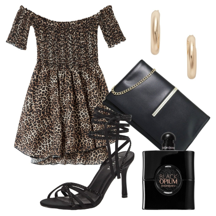 Outfit donna - L\' abito per la sera. Stile Chic per Serata fuori. Abbinamento con profumi, sandali alla schiava, vestiti corti, pochette, orecchini.