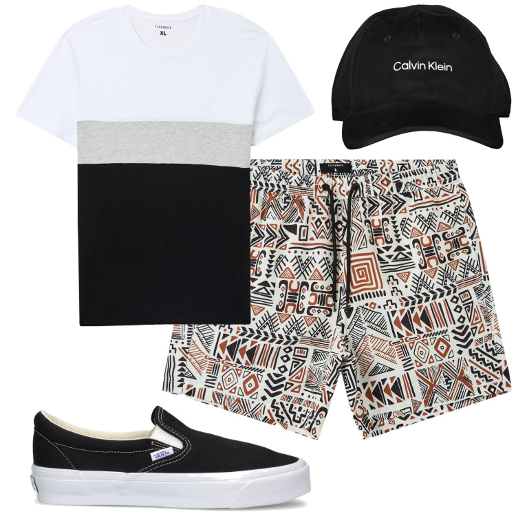 Outfit uomo - Total look #1915717. Stile Urban per Tutti i giorni. Abbinamento con t-shirt, bermuda, cappelli con visiera, sneakers.
