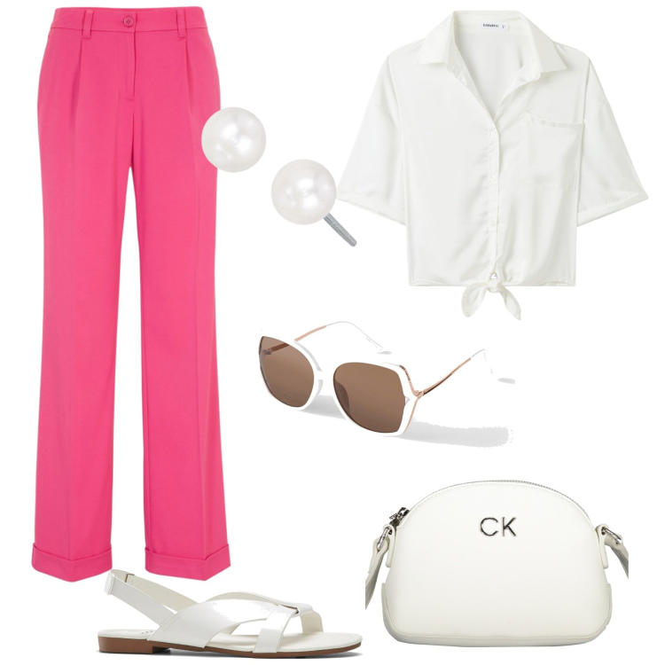Outfit donna - Carina al lavoro. Stile Casual chic per Ufficio. Abbinamento con sandali, pantaloni, occhiali da sole, camicie a manica corta, orecchini, borse a tracolla.
