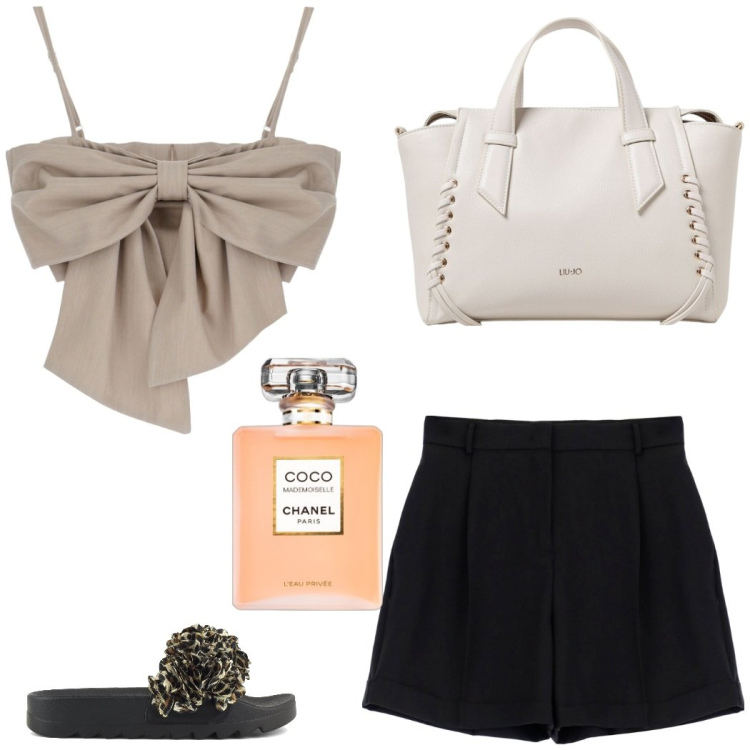 Outfit donna - Passeggiata serale. Stile Glamour per Serata fuori. Abbinamento con profumi, shorts, top, ciabatte, borse a mano.