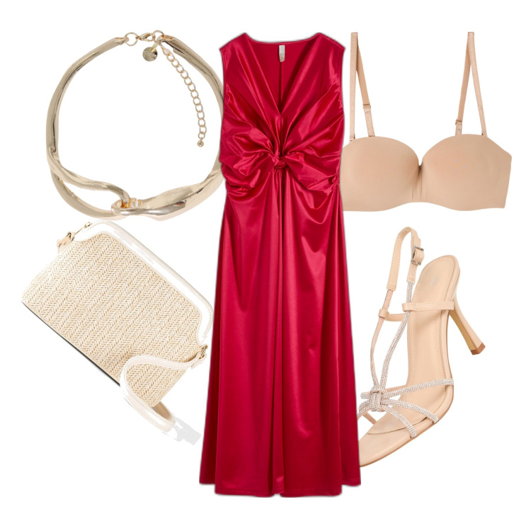 Outfit donna - Cherry. Stile Glamour per Serata fuori. Abbinamento con borse a tracolla, vestiti, reggiseni, sandali col tacco, collane.