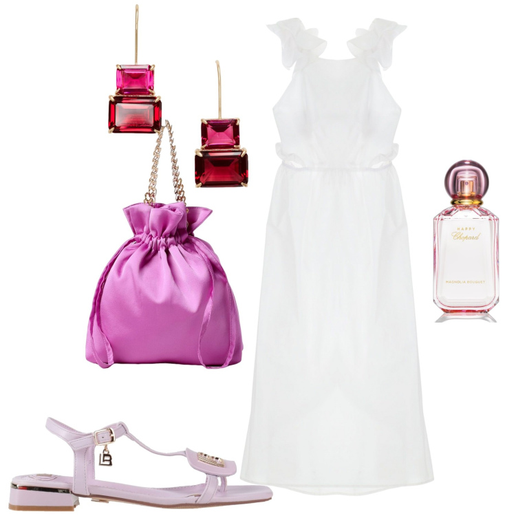 Outfit donna - Serata. Stile Casual chic per Serata fuori. Abbinamento con sandali, profumi, vestiti lunghi, orecchini, borse a mano.