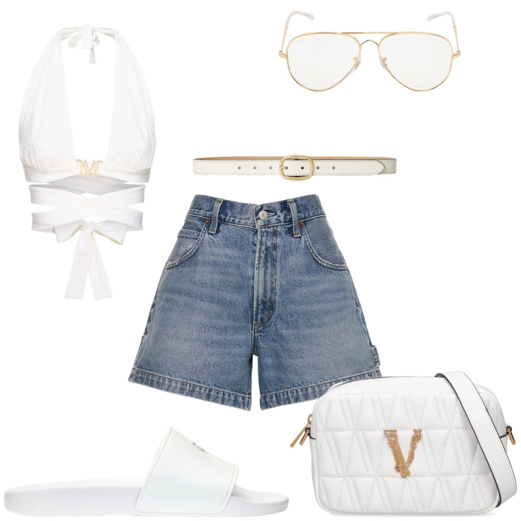 Outfit donna - Giornata in giro. Stile Casual chic per Tutti i giorni. Abbinamento con cinture, ciabatte, shorts, top, occhiali da sole, borse a spalla.