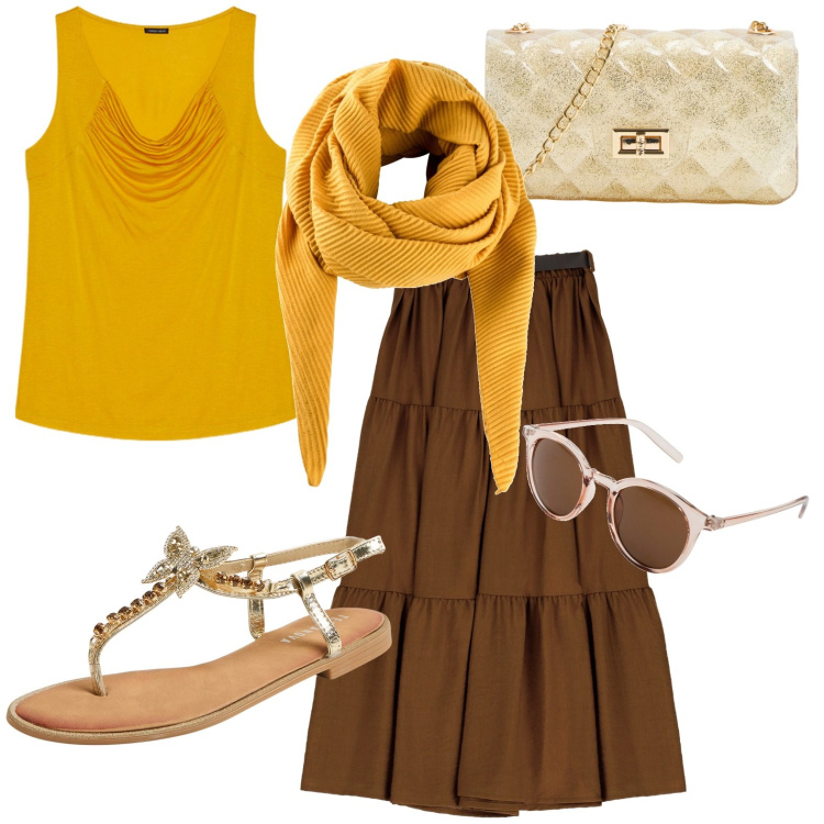 Outfit donna - Total look #1915754. Stile Casual per Tutti i giorni. Abbinamento con occhiali da sole, foulard, sandali gioiello, borse a tracolla, gonne lunghe, top.