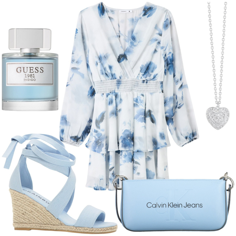 Outfit donna - Celeste. Stile Romantica per Tutti i giorni. Abbinamento con sandali, profumi, vestiti, collane, borse a spalla.