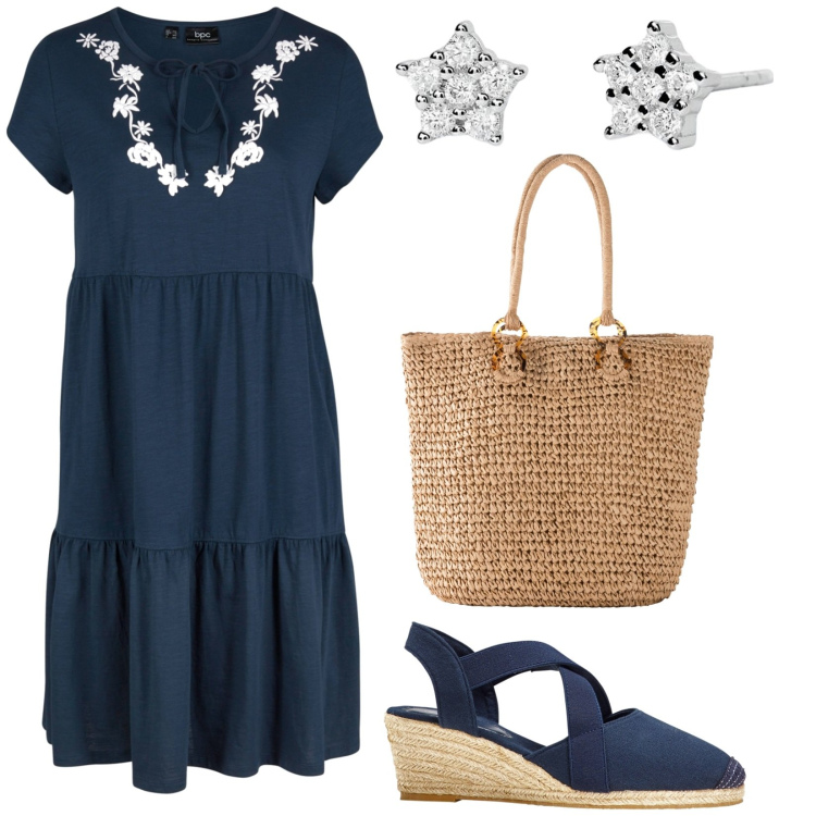 Outfit donna - Blu navy. Stile Basic per Tutti i giorni. Abbinamento con vestiti, sandali col tacco, shopping bag, orecchini.