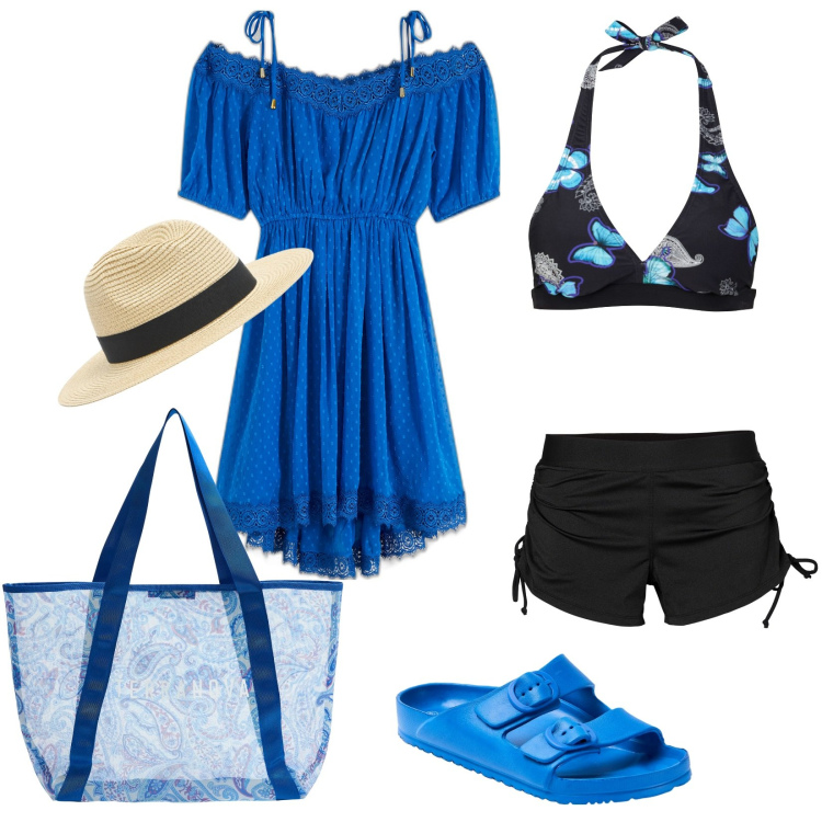 Outfit donna - Il bikini con farfalle. Stile Casual per Mare. Abbinamento con vestiti, costumi, bikini, cappelli, sandali in pelle, shopping bag.