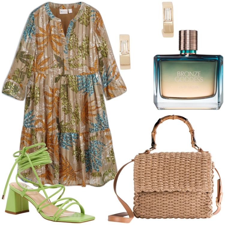Outfit donna - Total look #1915772. Stile Etnico per Tutti i giorni. Abbinamento con vestiti, borse a mano, profumi, sandali alla schiava, orecchini.