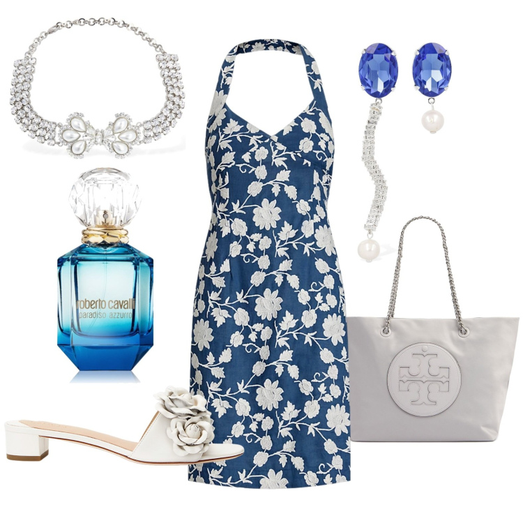 Outfit donna - Total look #1915781. Stile Casual chic per Tutti i giorni. Abbinamento con profumi, vestiti, sandali in pelle, orecchini, shopping bag, collane.