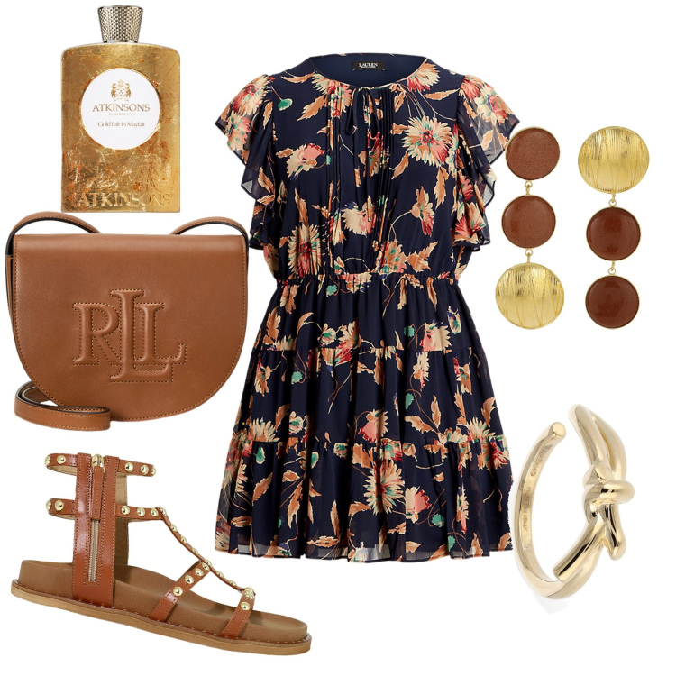 Outfit donna - Mini dress. Stile Boho per Serata fuori. Abbinamento con profumi, sandali, borse a tracolla, vestiti, anelli, orecchini.