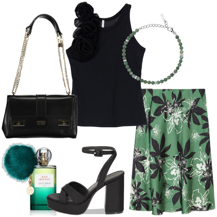 Outfit donna - Total look #1915797. Stile Chic per Serata fuori. Abbinamento con profumi, braccialetti, canottiere, sandali col tacco, gonne lunghe, borse a spalla.