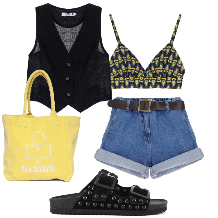 Outfit donna - In vacanza. Stile Casual per Serata fuori. Abbinamento con shorts, gilet, top, sandali, shopping bag.