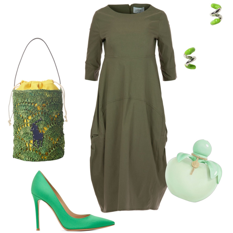 Outfit donna - Il verde è sempre chic. Stile Chic per Ufficio. Abbinamento con profumi, borse a secchiello, vestiti, décolleté, orecchini.