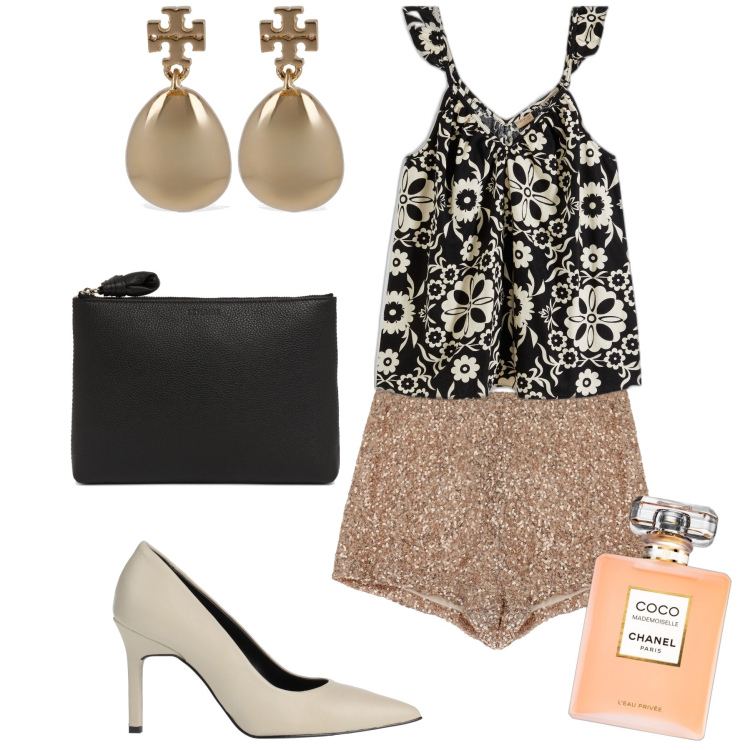 Outfit donna - Mademoiselle. Stile Sexy per Serata fuori. Abbinamento con top, décolleté, profumi, shorts, pochette, orecchini.