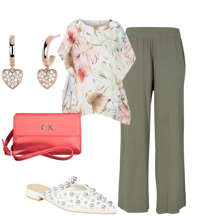 Outfit donna - Colazione con le amiche. Stile Casual chic per Tutti i giorni. Abbinamento con pantaloni, tuniche, ballerine, orecchini, borse a tracolla.