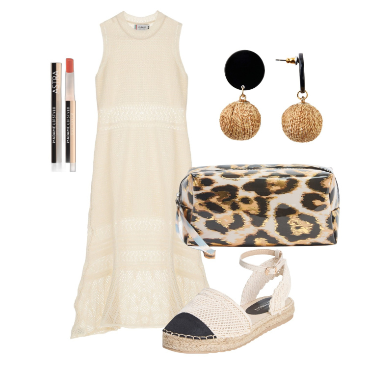 Outfit donna - Ghost outfitter - luglio. Stile Trendy per Tutti i giorni. Abbinamento con orecchini, rossetti, espadrillas, valigie, vestiti lunghi.