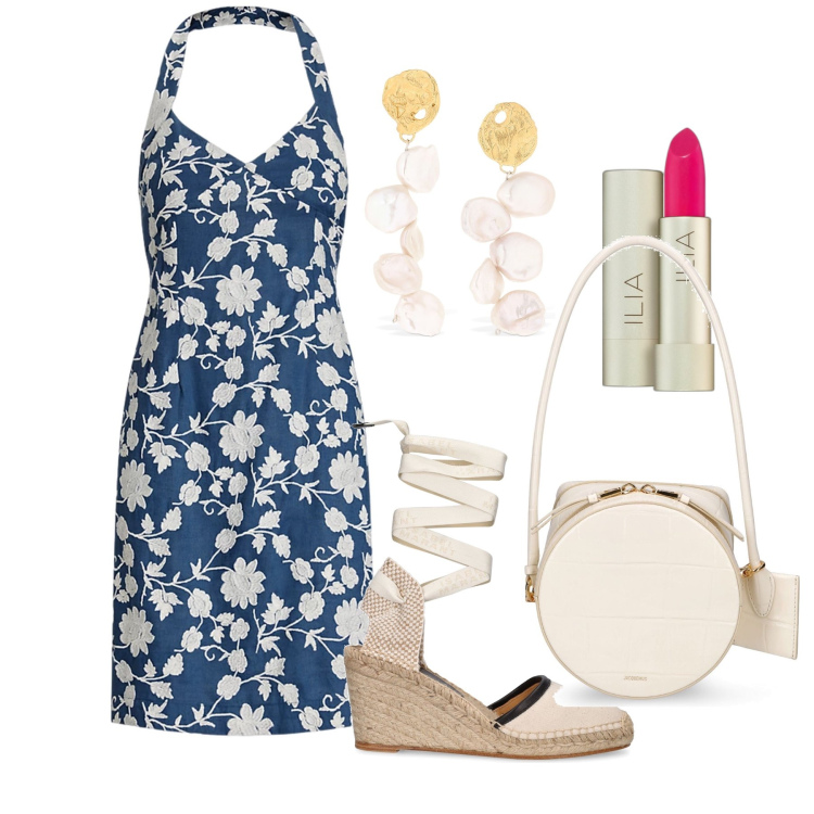 Outfit donna - Ghost outfitter - luglio. Stile Trendy per Tutti i giorni. Abbinamento con rossetti, vestiti, borse a spalla, orecchini, espadrillas.