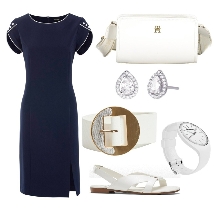 Outfit donna - Total look #1915837. Stile Bon Ton per Ufficio. Abbinamento con sandali, vestiti a tubino, cinture, orecchini, orologi, borse a tracolla.