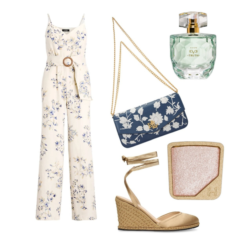 Outfit donna - Fiori. Stile Bon Ton per Serata fuori. Abbinamento con profumi, ombretti, tute, borse a spalla, zeppe.