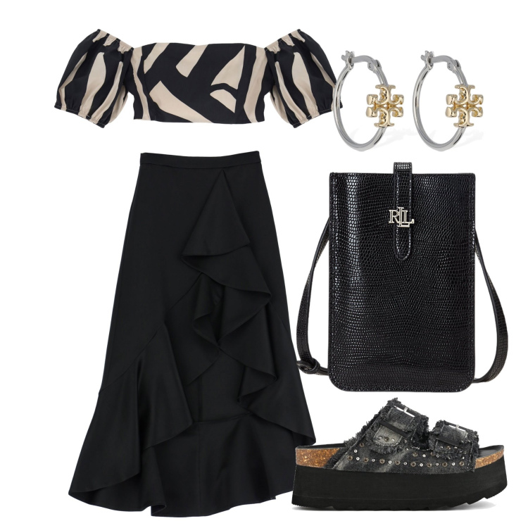 Outfit donna - Ghost outfitter - luglio. Stile Trendy per Tutti i giorni. Abbinamento con gonne longuette, top, borse a mano, zeppe, orecchini.
