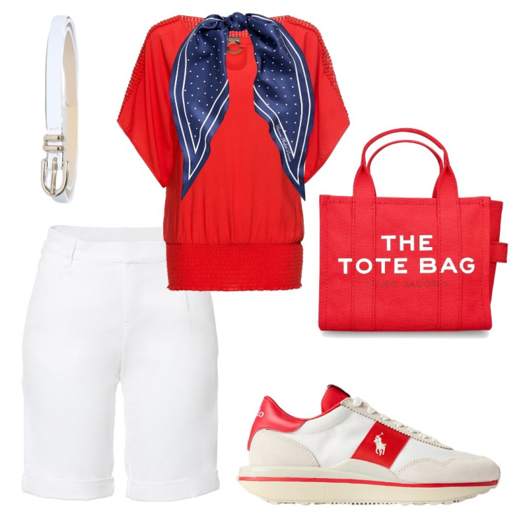 Outfit donna - Barbara: un tocco di blu. Stile Casual per Tutti i giorni. Abbinamento con bermuda, bluse, cinture, sneakers, foulard, shopping bag.