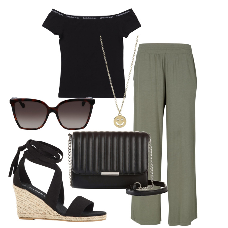 Outfit donna - Ghost outfitter - luglio. Stile Trendy per Ufficio. Abbinamento con pantaloni, sandali, borse a tracolla, collane, top, occhiali da sole.