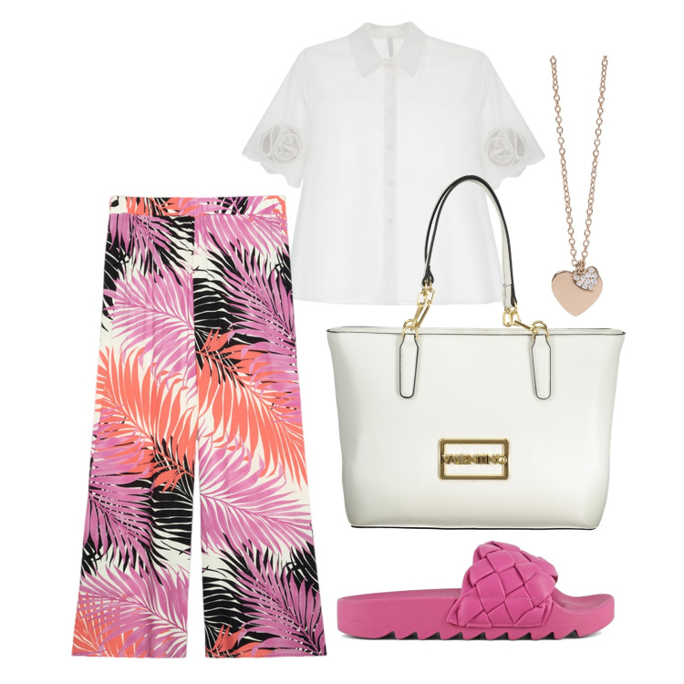 Outfit donna - Ghost outfitter - luglio. Stile Trendy per Tutti i giorni. Abbinamento con ciondoli, camicie a manica corta, ciabatte, borse a spalla, pantaloni a palazzo.