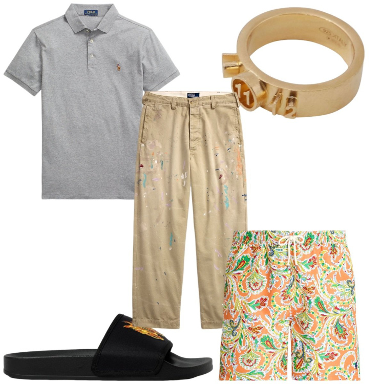 Outfit uomo - Total look #1915856. Stile Trendy per Mare. Abbinamento con polo, pantaloni chino, costumi, anelli, sandali.