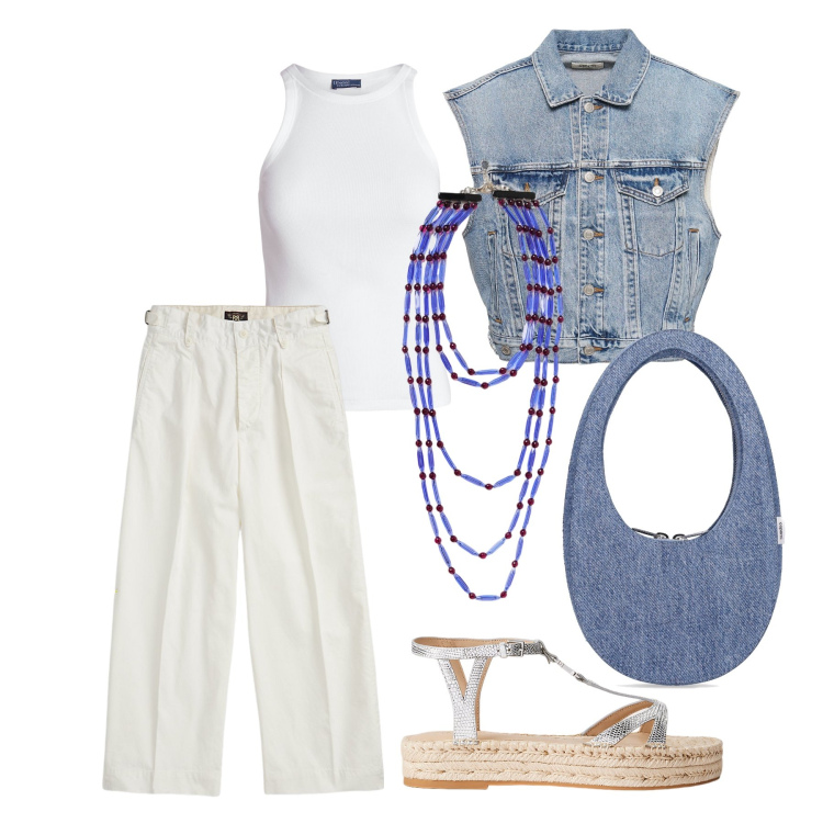 Outfit donna - Ghost outfitter - luglio. Stile Trendy per Tutti i giorni. Abbinamento con pantaloni, canottiere, espadrillas, borse a mano, collane, gilet.
