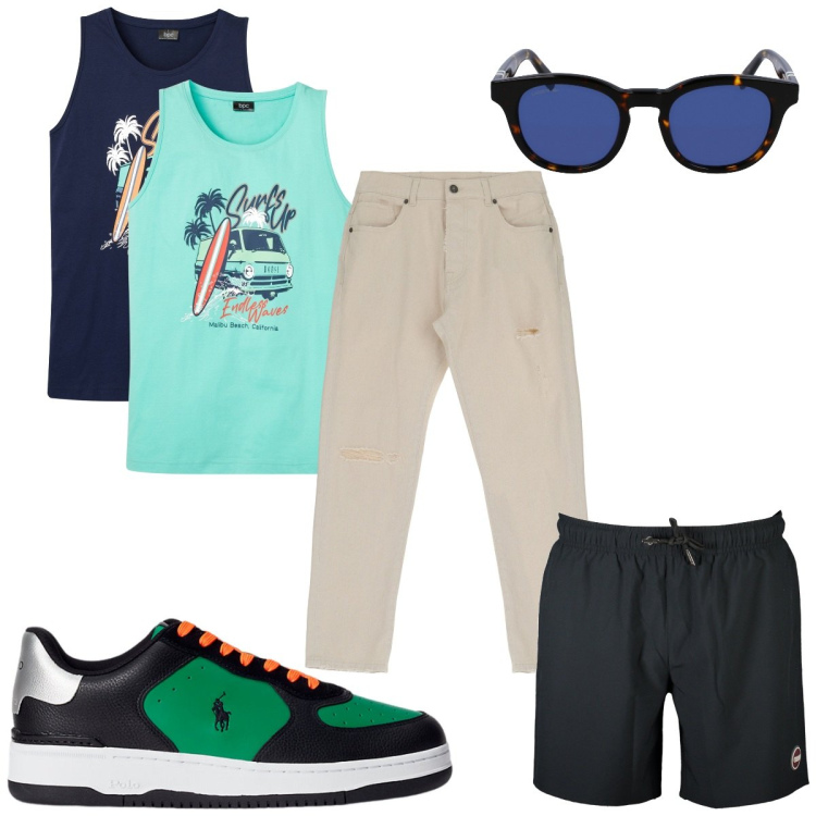Outfit uomo - Total look #1915858. Stile Trendy per Mare. Abbinamento con canottiere, pantaloni, sneakers, costumi, occhiali da sole.