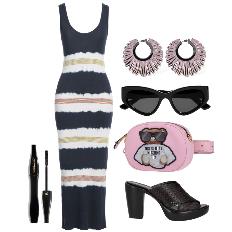 Outfit donna - Ghost outfitter - luglio. Stile Glamour per Tutti i giorni. Abbinamento con vestiti lunghi, sandali in pelle, marsupi, mascara, occhiali da sole, orecchini.