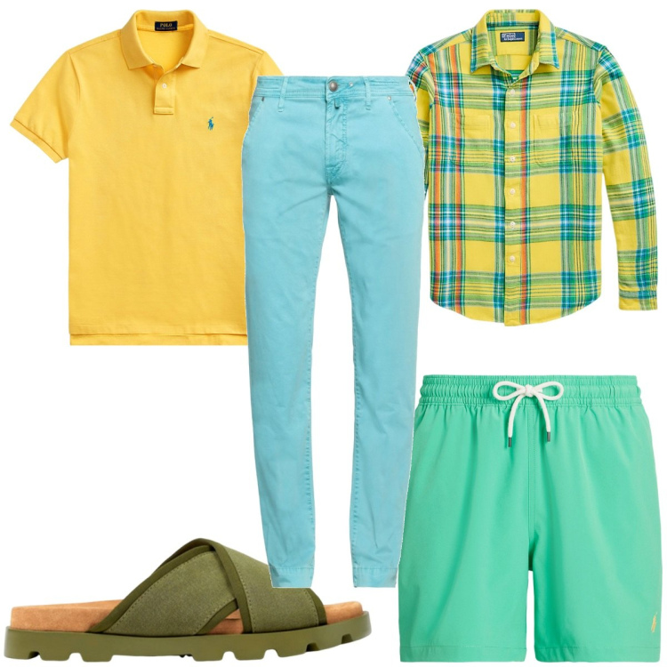 Outfit uomo - Total look #1915861. Stile Trendy per Mare. Abbinamento con pantaloni, polo, costumi, camicie, sandali.