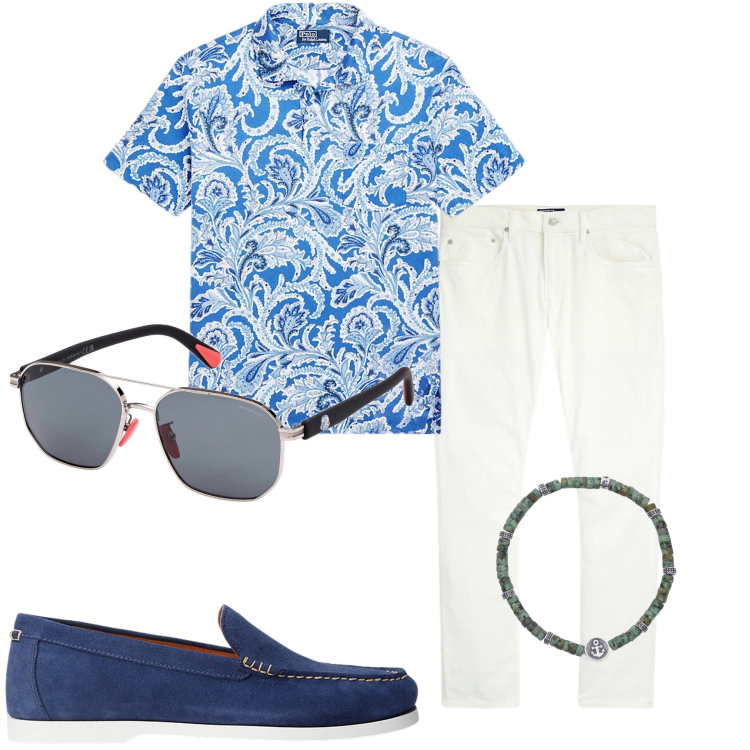Outfit uomo - Domenica mattina. Stile Urban per Tutti i giorni. Abbinamento con braccialetti, scarpe stringate, pantaloni, polo, occhiali da sole.