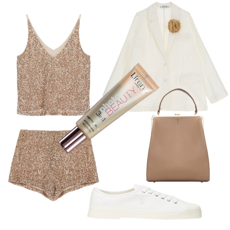 Outfit donna - Total look #1915890. Stile Glamour per Tutti i giorni. Abbinamento con primer, blazer, top, shorts, sneakers, borse a spalla.