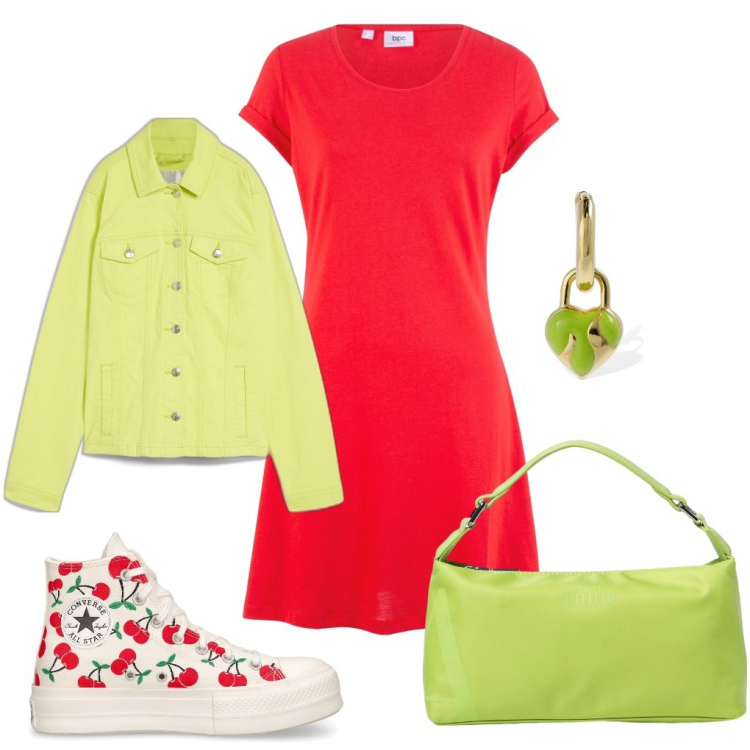 Outfit donna - Cecilia: rosso ciliegia. Stile Sporty chic per Tutti i giorni. Abbinamento con vestiti, blazer, sneakers, borse a spalla, orecchini.