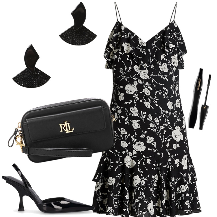 Outfit donna - Serata in corto ma chic. Stile Chic per Serata fuori. Abbinamento con mascara, pochette, vestiti senza maniche, décolleté, orecchini.