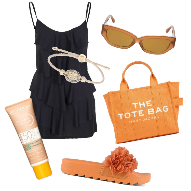 Outfit donna - L\'abito per il bagno. Stile Trendy per Mare. Abbinamento con vestiti da spiaggia, fondotinta, ciabatte, braccialetti, borse tote, occhiali da sole.