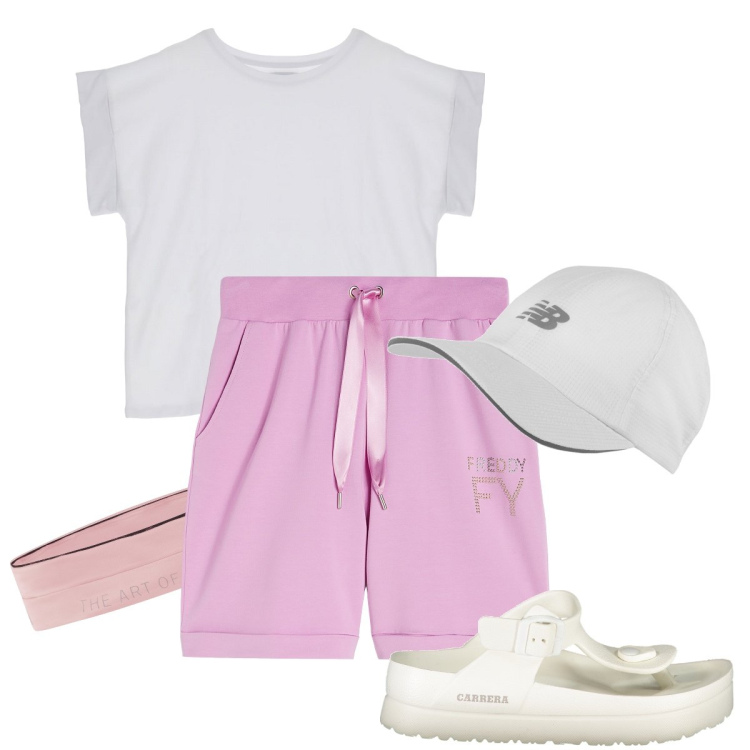 Outfit donna - Camminare all’alba. Stile Sporty chic per Mare. Abbinamento con cappelli, t-shirt, marsupi, pantaloni corti, infradito.
