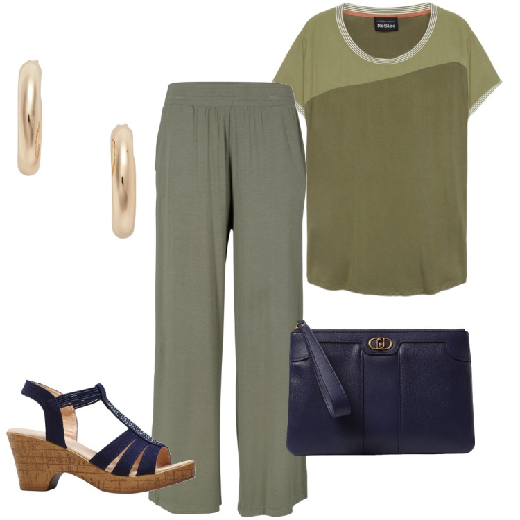 Outfit donna - Verde e blu. Stile Basic per Ufficio. Abbinamento con pantaloni, sandali, orecchini, t-shirt, clutch.