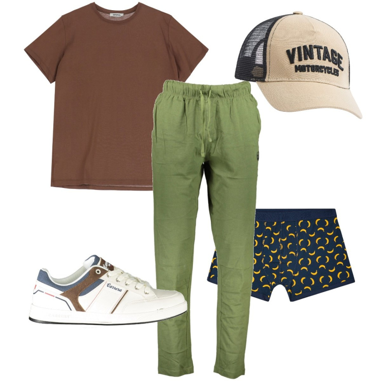 Outfit uomo - La t-shirt marrone. Stile Casual per Ufficio. Abbinamento con boxer, cappelli, t-shirt, pantaloni, sneakers.