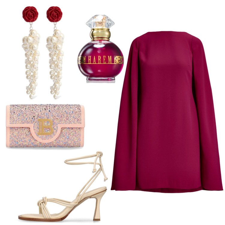 Outfit donna - Serata chic. Stile Chic per Serata fuori. Abbinamento con profumi, vestiti, sandali in pelle, pochette, orecchini.